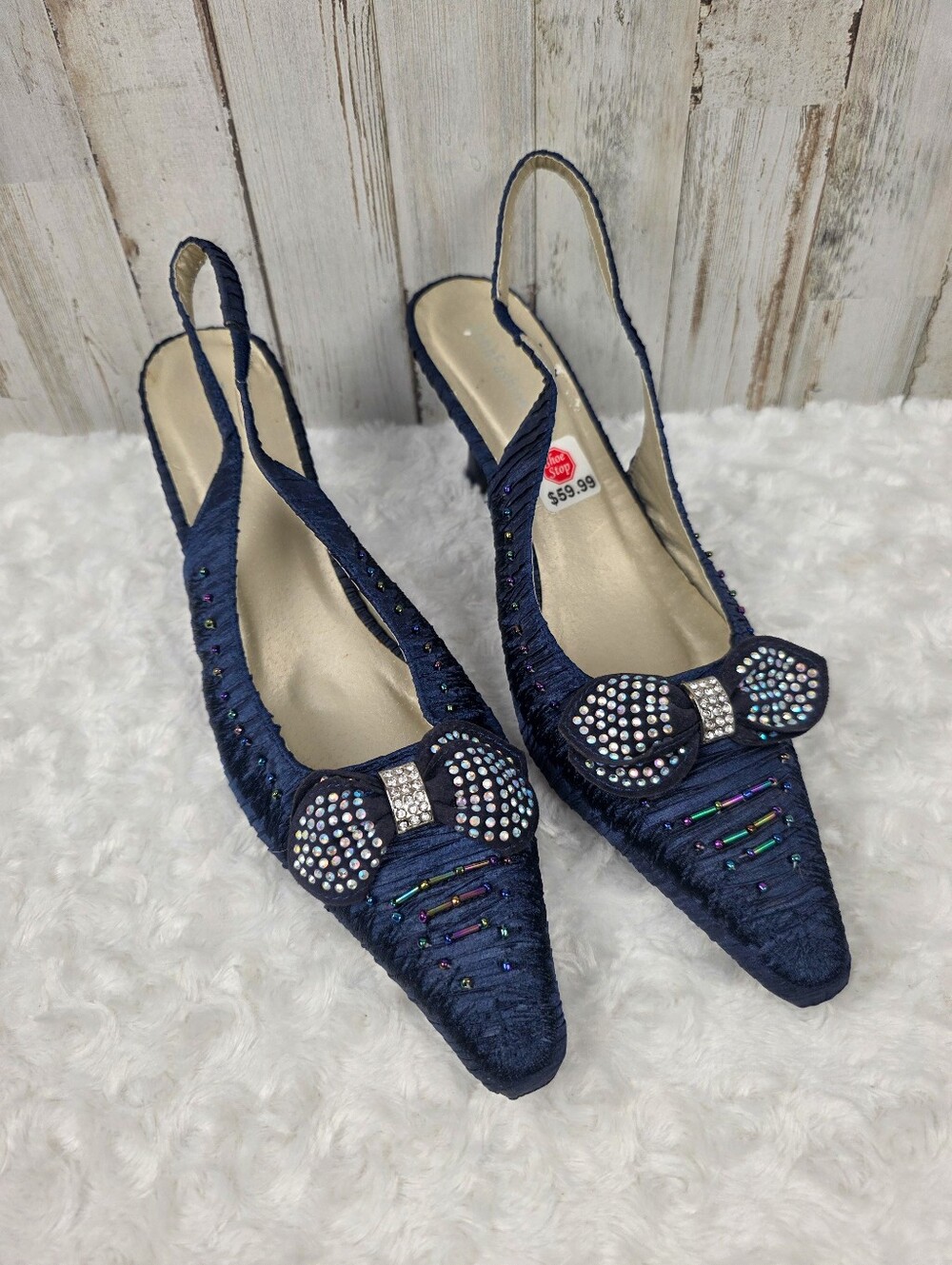 John Fashion Navy Rhinestone Bow Slingback Pumps Size 11